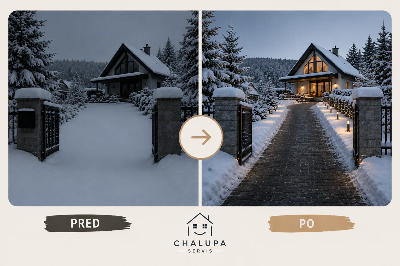 Ukážka odpratania snehu pri chalupe pred a po údržbe